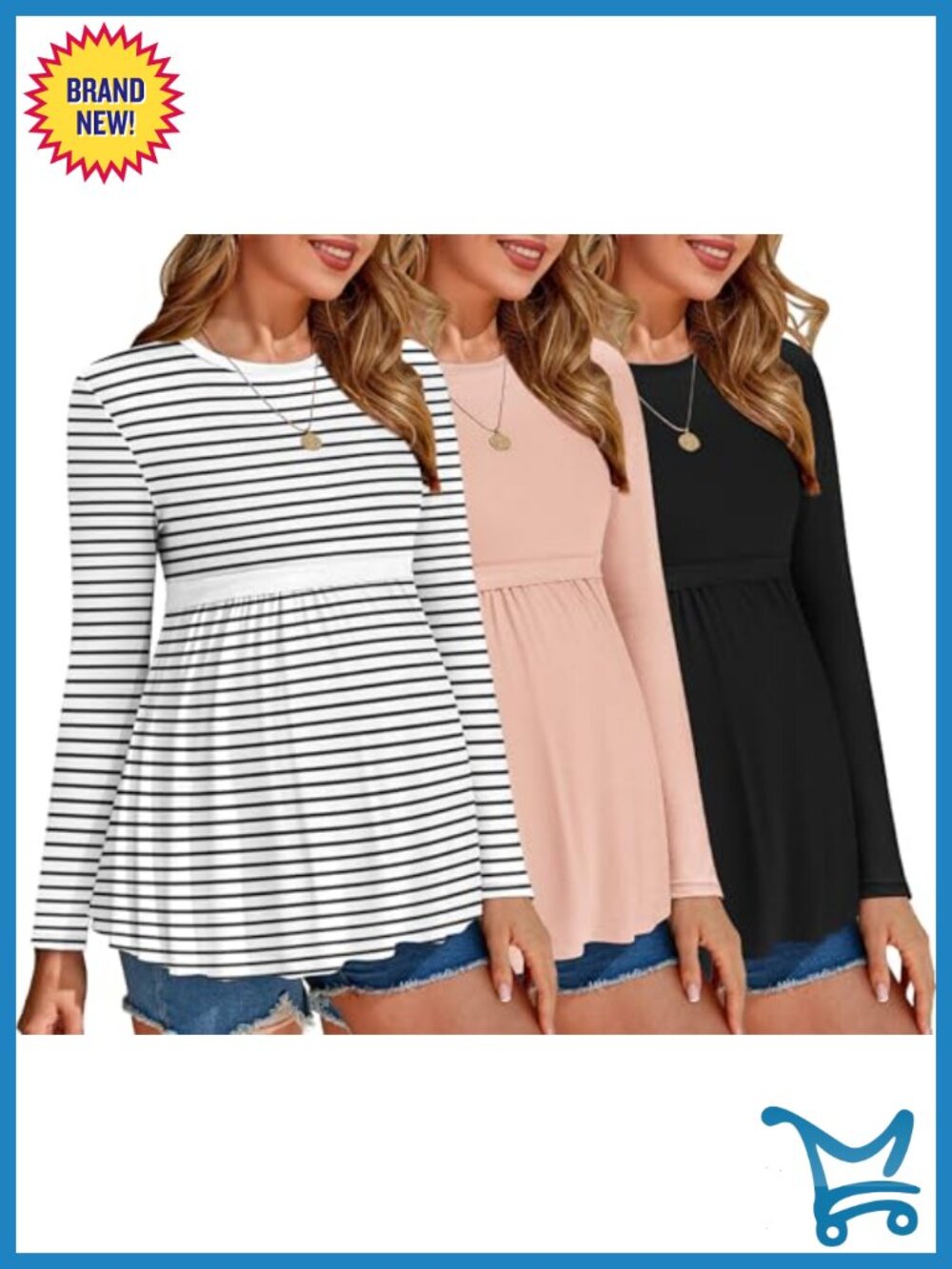Maternity Pleated Long Sleeve Crew Neck Pregnancy Tops 3 Pack